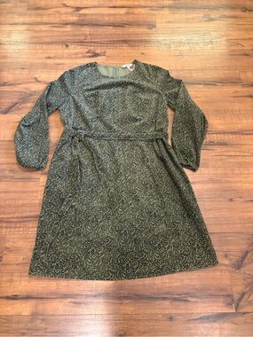 Boden Harriet Cord Dress Green Black Leaf Print Sz 16-18L Tie Waist
